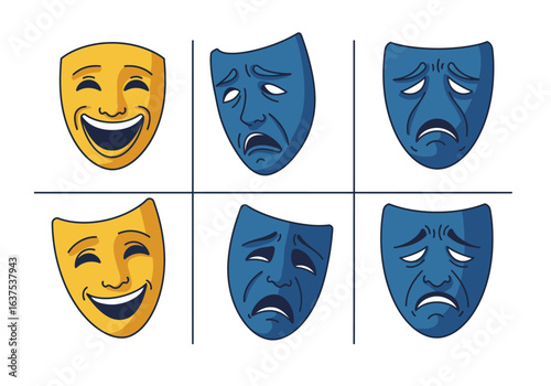 Two Yellow Comedy and Four Blue Tragedy Masks Displayed in a Grid.