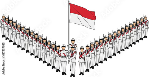 Military Cadets Marching with Indonesian National Flag
