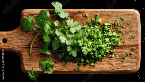 Fresh cilantro and chives on a wooden cutting board