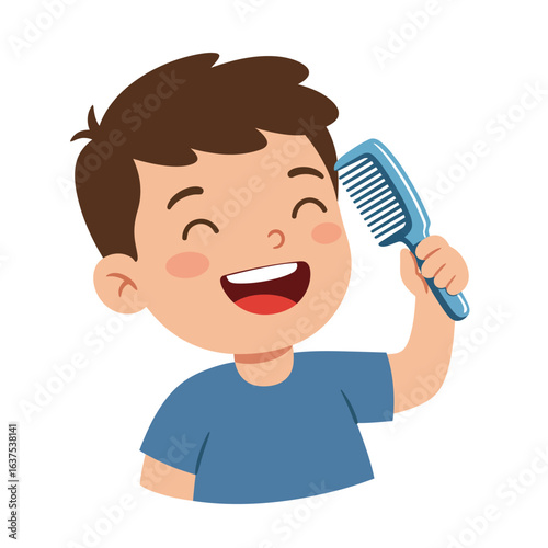 Happy cartoon boy with brown hair and a blue shirt combing his hair with a blue comb smiling with closed eyes.