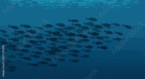 Fish swarm underwater, sunlight dappling water. Dark blue aquatic illustration