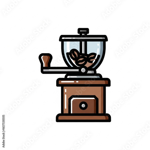 Illustration of a vintage manual coffee grinder with coffee beans inside the hopper, standing on a white background.