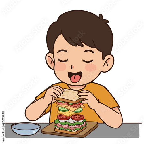 Happy cartoon boy with closed eyes eating a giant multilayered sandwich with fresh ingredients.