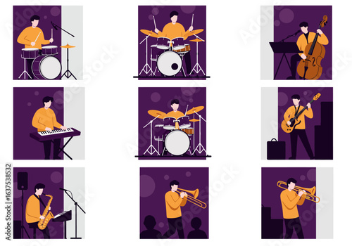 Diverse Musicians Performing Various Instruments in a Stylized Setting.