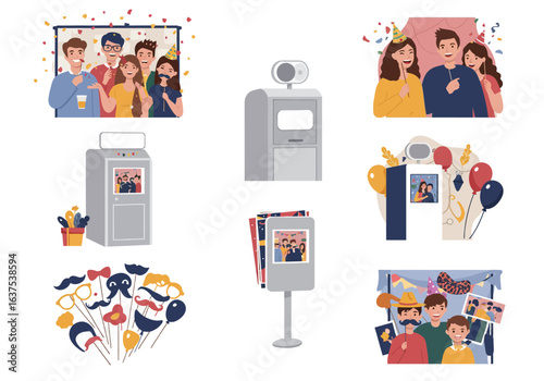 Photo Booth with People Props and Party Decorations Illustration.