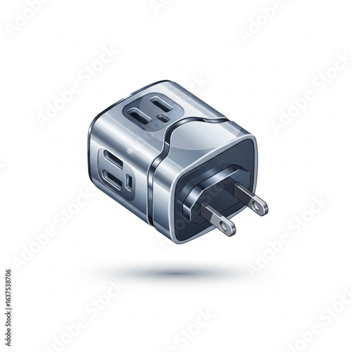 Modern, metallic, illustrated power adapter, showing multiple charging ports.