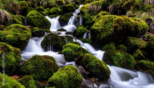 Cascading waterfall over mossy rocks