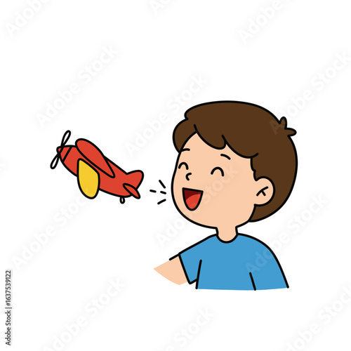 Joyful cartoon boy with brown hair playing with a red toy airplane smiling happily.