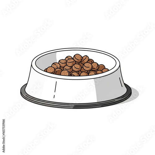 Cartoon illustration of a white dog bowl filled with dog food.