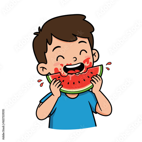 Joyful young boy happily eating a juicy slice of watermelon.