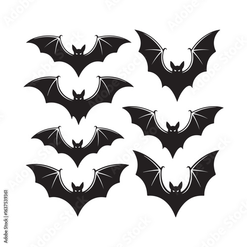 A Collection of Eight Black Bats in a Clear White Space