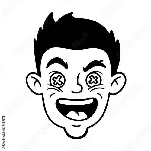 Manic cartoon character head with Xeyes and a wide open mouth depicted in a bold black and white line art style.