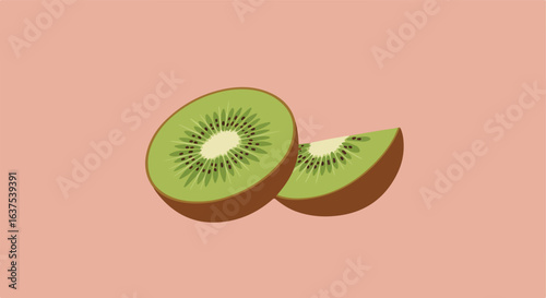 Two kiwi fruit slices, with light green, dark green and brown colors on a peach background