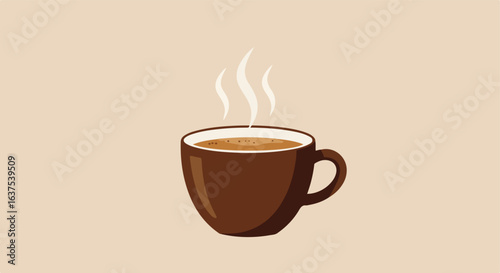 Steaming brown mug filled with light tan liquid, sits on a beige background