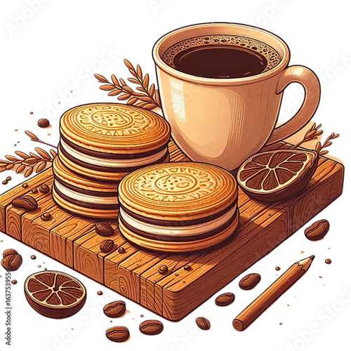 Coffee cup with alfajor biscuits and a slice of lemon on a wooden board with coffee beans