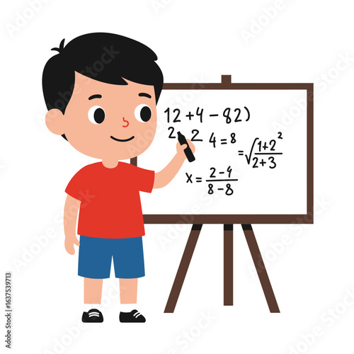 Smiling cartoon boy in a red shirt writing mathematical equations on a whiteboard easel.