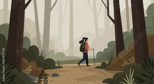 Hiker with pack, trekking in wooded forest. A nature escape, exercise, and adventure