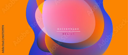 Abstract fluid shapes overlap, creating vibrant color gradients. Orange background complements pink, blue hues. Text reads background design.