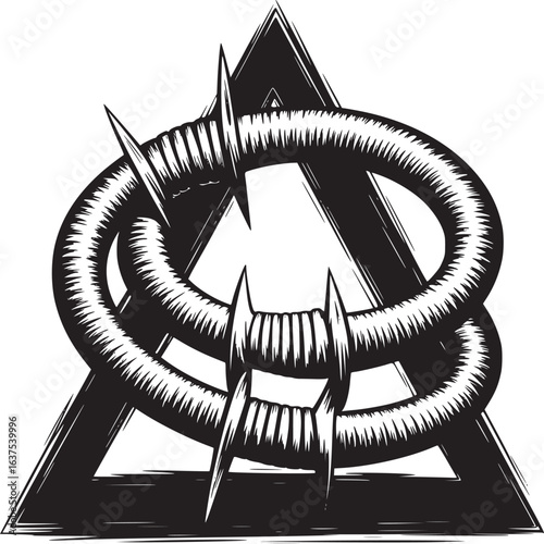 A graphic illustration of a barbed wire circle around a triangle in black and white style art