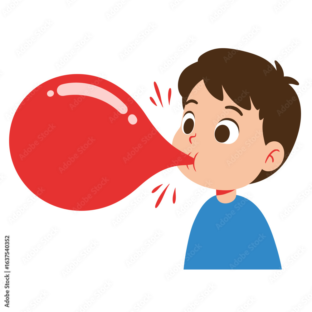 Obraz premium Young boy with brown hair blowing a large red balloon with effort.
