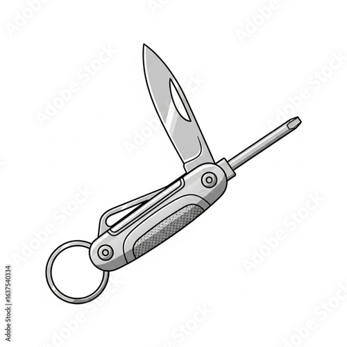 Compact multi-tool keychain knife with blade and screwdriver unfolded.