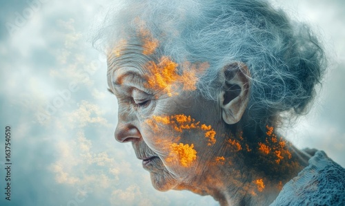 Abstract double exposure effect portrait of a depressed and lonely elderly senior woman suffering from dementia or Alzheimers disease, Generative AI