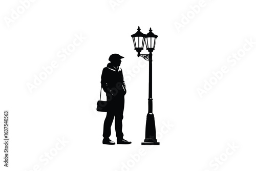 colorful vibrant crisp clean stylish elegant modern detailed professional high quality Urban Silhouette Style A Man Stands Beside a Classic Street Lamp in a Timeless Setting