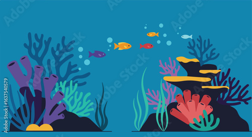 Vibrant ocean scene featuring corals, fishes, and sea life. Colorful aquatic ecosystem