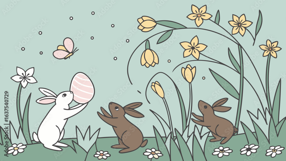 Fototapeta premium Adorable Easter Bunnies and Flowers Celebrating Springtime in a Garden.