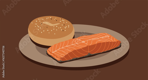 A bagel with seeds & a fillet of salmon are served on a small plate