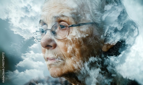 Abstract double exposure effect portrait of a depressed and lonely elderly senior woman suffering from dementia or Alzheimers disease, Generative AI