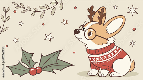 Adorable Corgi Wearing Glasses and Reindeer Antlers for Christmas.