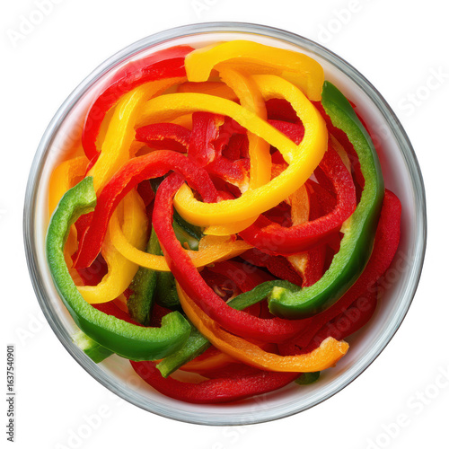 bowl of colorful bell pepper slices isolated die cut on a white and transparent background.