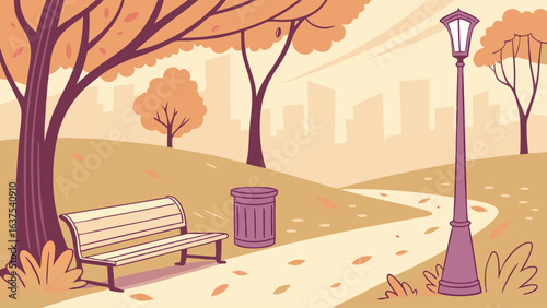 Autumnal Park Scene Bench Lamppost and Fallen Leaves.