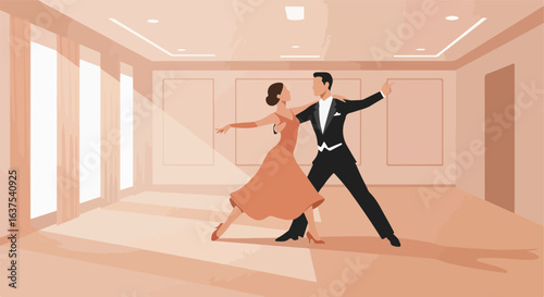 Elegant couple enjoying a ballroom dance in spacious room with gentle lighting