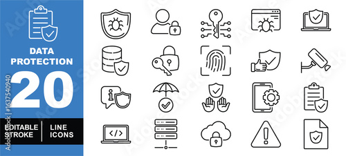 Data Protection set of web icons in line style. A collection of linear icons representing key Data Protection concepts, including antivirus, user protection, biometric data, and more. Editable stroke