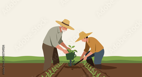 Farmers planting crops in field, brown soil, using green planters, with horizon