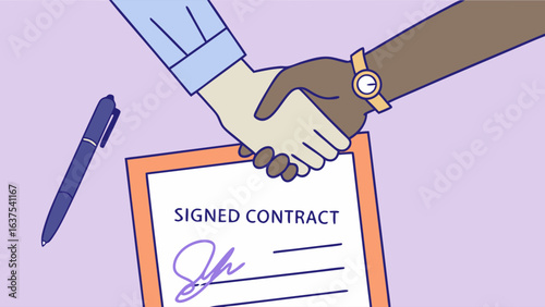 Business Partnership Handshake on Signed Contract.