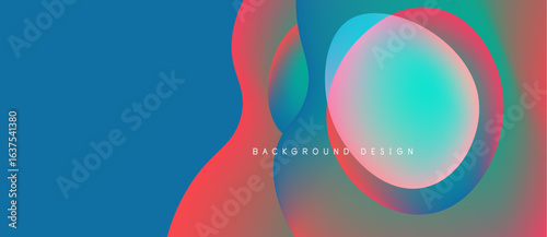 Abstract design features vibrant overlapping circles. Blue background contrasts with red, turquoise gradients. Modern, dynamic visual composition.