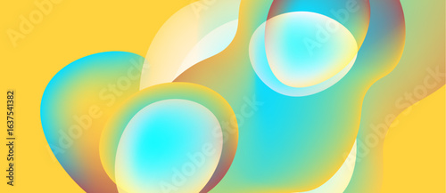Abstract fluid shapes overlap, creating vibrant color gradients. Yellow background complements turquoise, orange hues. Smooth transitions define forms.