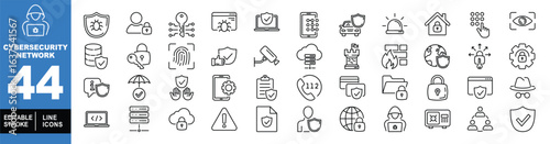 Cybersecurity Network set of web icons in line style. A collection of linear icons representing key Cybersecurity Network concepts, including antivirus protection, and data security. Editable stroke