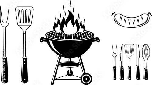 bbq grill with flame, fork, spatula, grilled sausage, cooking utensils, black and white, vector illustration