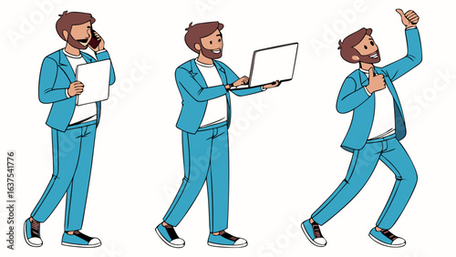 Businessman in Various Poses Talking Working and Celebrating Success.