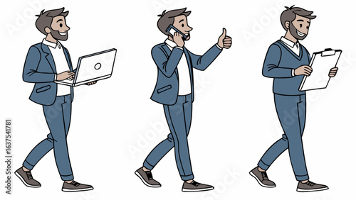 Businessman in Various Poses with Laptop Phone and Clipboard.