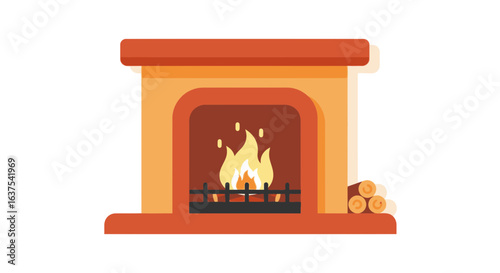 Cozy indoor fireplace with blazing fire and neatly stacked firewood