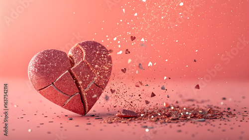 A shattered heart, fragmented and surrounded by glitter, symbolizes the pain and sadness of a broken relationship, set against a textured pink background