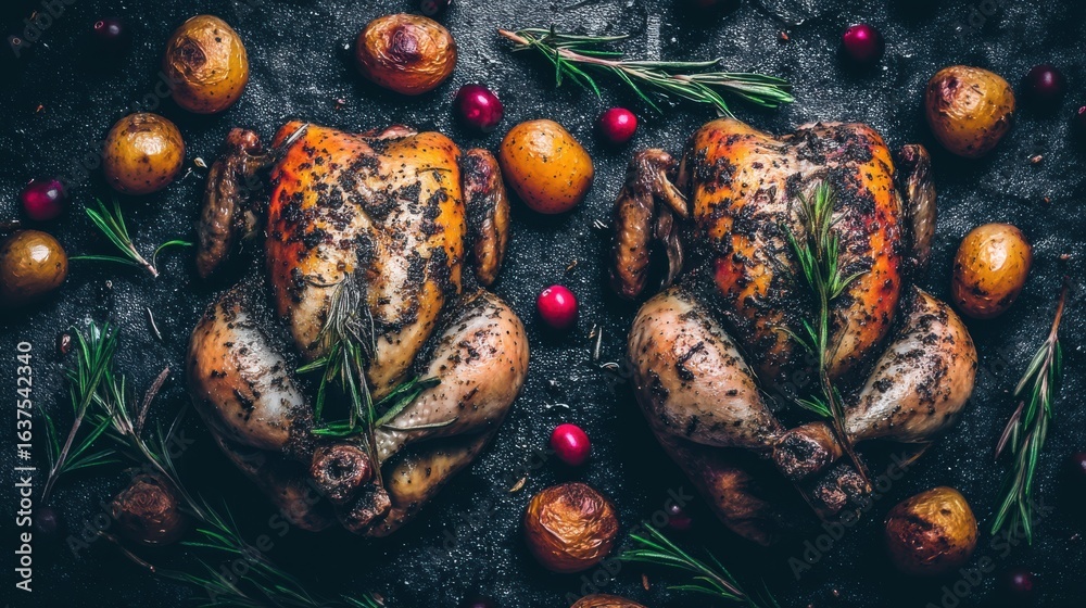 Fototapeta premium Roasted chicken feast gourmet kitchen food photography rustic setting aerial view culinary artistry