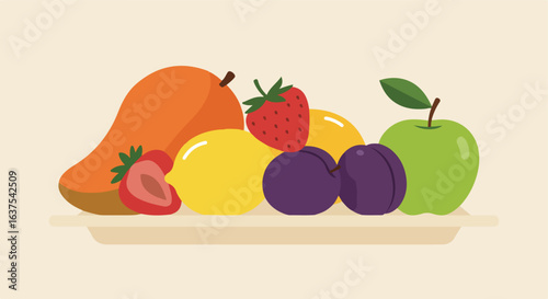 Flat illustration A mango, apple, lemon, strawberries, plums resting on a dish