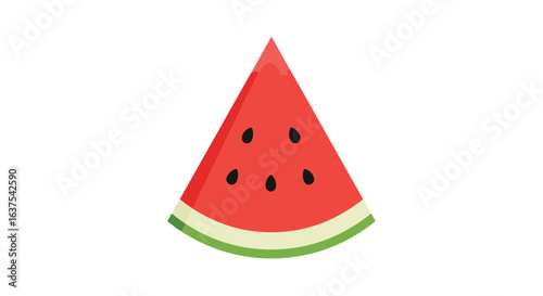 Triangle watermelon slice, red flesh with black seeds. Green & light cream rind