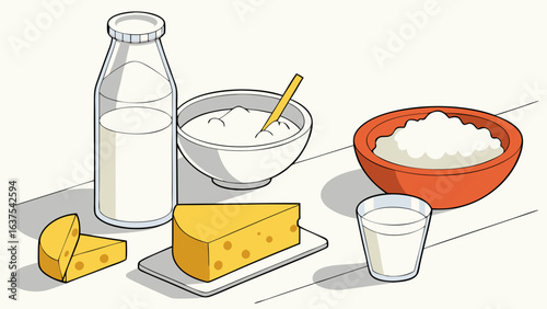 Cartoon Illustration of Dairy Products Milk Cheese Yogurt and Cottage Cheese.